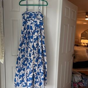 Hutch White Maxi Dress with Blue Floral Print - Spaghetti Strap Wide-Leg Style